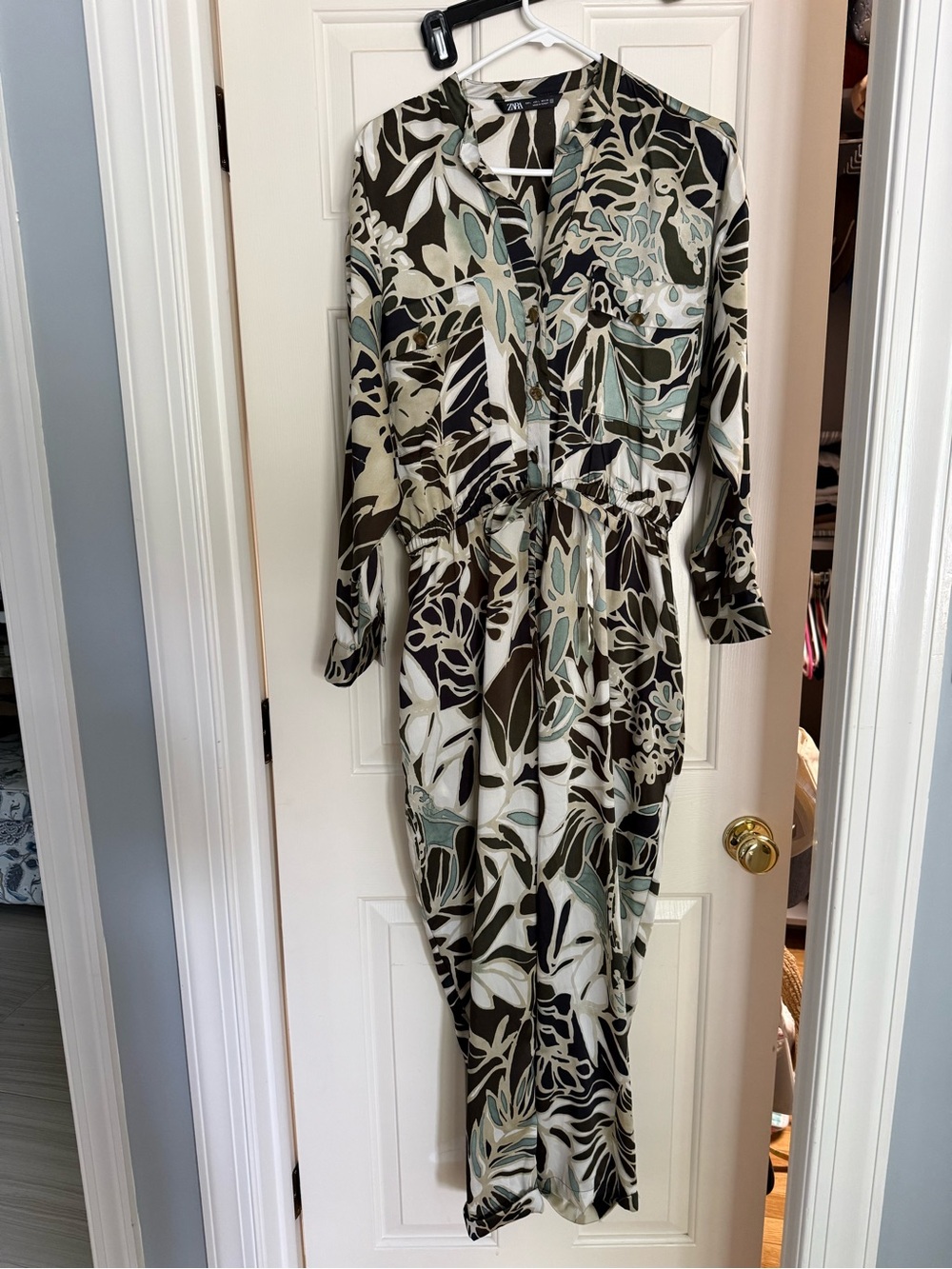 Zara Olive, Cream & Sage Abstract Print Shirt Jumpsuit